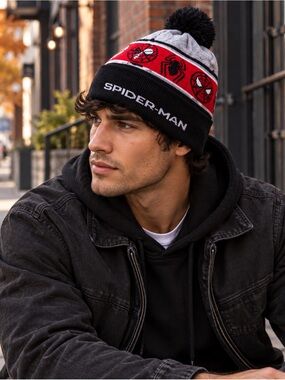 Spider-Man Marvel Pom Beanie Red Black Gray Knit Cuffed Streetwear Hat